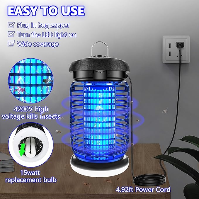 LUOJIBIE Bug Zapper Outdoor, Mosquito Zapper with LED Light, Fly Zapper Outdoor Indoor, Insect Zapper Electric Fly Traps, Plug in Mosquito Killer for Patio Yard