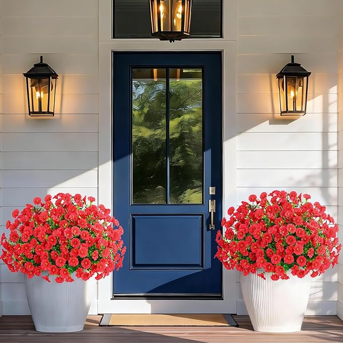 Yastouay Artificial Flowers for Outdoors, 14 Bundles Fake Outdoor Flowers, UV Resistant Artificial Plants & Flowers for Decoration, Red Realistic Morning Glory for Outdoor Porch Garden Decoration