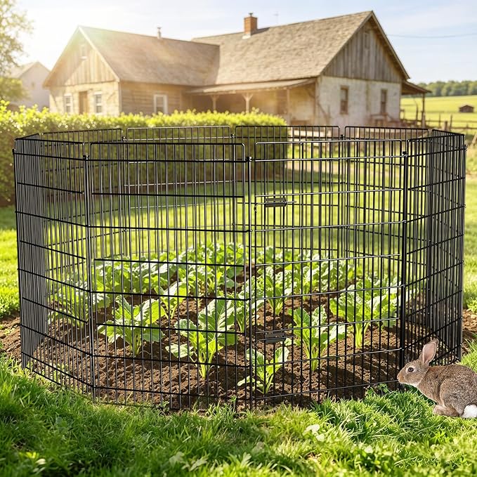 10 Panels Metal Garden Fences with Gate, 48 in (H) x 25.3 ft (L), Tall Dog Fence Outdoor Border Fence Temporary Animal Barrier, No Dig Ground Stakes Decorative Fencing for Yard Patio Outdoor, Black