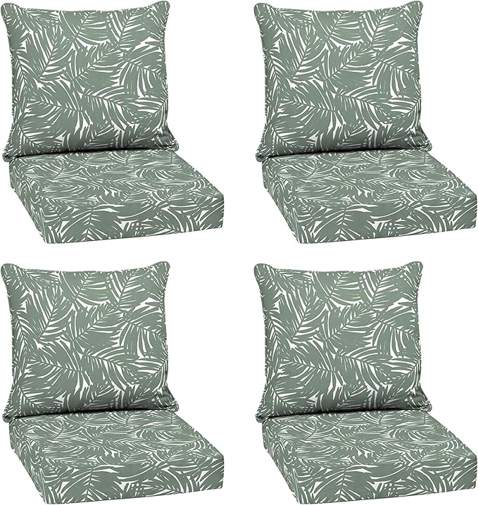 Arden Outdoor Deep Seat Cushion Set (4-Pack), 24 in x 24 in, Weather-Proof, Rain-Proof, Fade Resistant Patio Cushion for Chair, Sofa, and Couch Sage King Palm