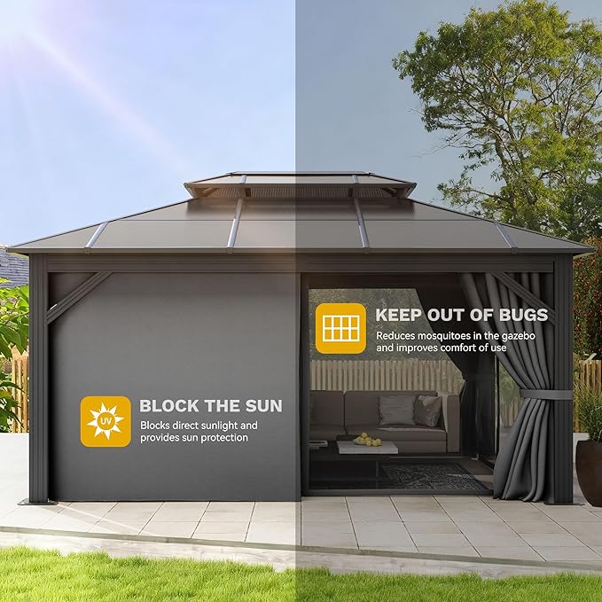DWVO 10x12ft Gazebo Hardtop Double Roof Polycarbonate Canopy Outdoor with Netting and Shaded Curtains, Aluminum Frame Garden Tent for Patio, Backyard, Deck and Lawns, Gray