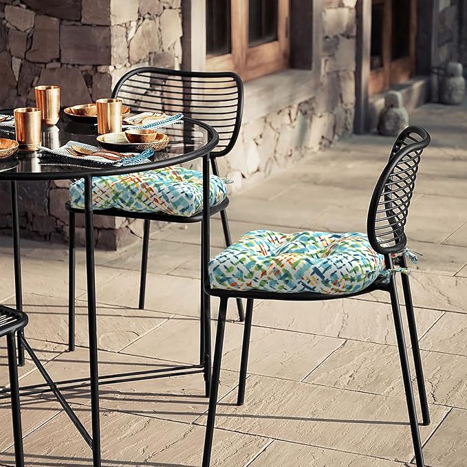 LVTXIII Outdoor/Indoor Tufted Seat Cushion, Decorative Wicker Chair Pads All Weather Seat Cushion Sets for Patio Garden Home Office Furniture, 19"x19"x4", Round Back, Pack of 2, Acapa Opal Geometric