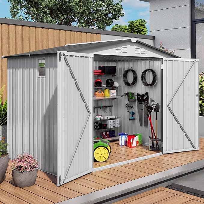 8x6FT Metal Storage Shed Outdoor Garden Tool Shed, Galvanized Steel Weather Resistant Backyard Organizer with Lockable Door, Waterproof Utility Storage House for Patio Courtyard Equipment Storage