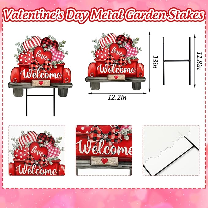 JarThenaAMCS Valentine' s Day Metal Garden Stake Welcome Yard Sign Red Love Heart Truck Decorative Lawn Sign for Wedding Anniversary Home Outside Lawn Porch Walkway Decor