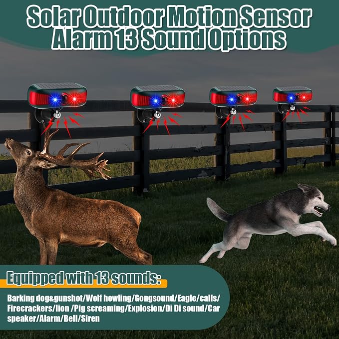 Qualirey 6 Pcs Solar Outdoor Alarm Motion Sensor 129dB Security Siren Sound Detector Strobe Light, 4 Modes Animal Deterrent Dog Barking Waterproof Alarm for Home, Farm (Voice Model,Red)