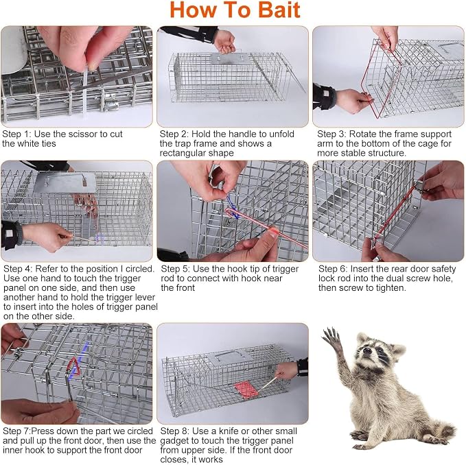 TeqHome Live Animal Cage Trap, Collapsible Humane Live Animal Cage Trap, Galvanized Steel Humane Live Trap Cage for Rabbit,Stray Cat, Groundhog, Raccoon,Squirrel,Chipmunk,Mole,Gopher,Skunk,24"x8"x8"