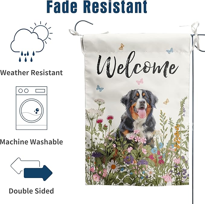 Floral Bernese Mountain Garden Flag Spring Summer House Flags 28 x 40 Double Sided Flower Dog Yard Flags for Outside Large Outdoor Welcome Flags