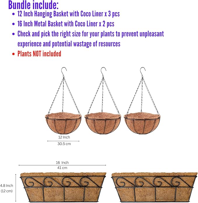 LaLaGreen Bundle- 3 Pack, 12 Inch Hanging Basket with Coco Liner + 2 Pack, 16 Inch Rectangular Metal Planter with Coco Liner Windows Rail Fence Patio Porch Flower Plants Outdoor Pot Boxes Boho Decor