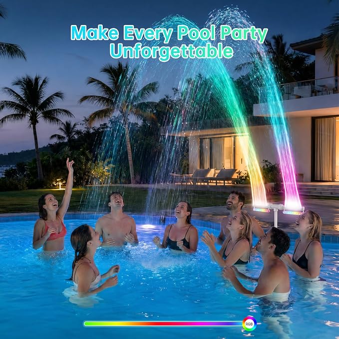 LED Pool Fountain with Remote, Rechargeable Waterfall Spray for Inground & Above Ground Pools, Fits 1.73" & 3.2" Return Jets, 20 Light Modes & Timers, 12H Long-Lasting Glow for Night Swimming Ambiance