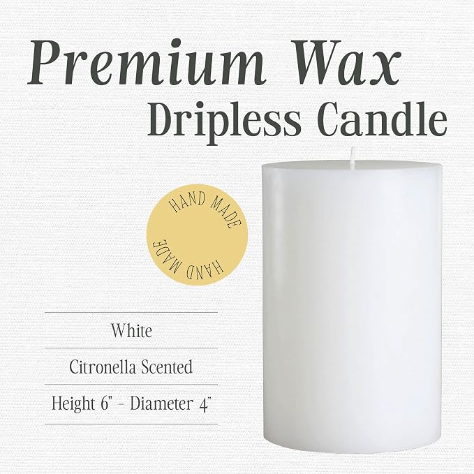 Mister Candle Citronella Candle, Ideal for Indoor & Outdoor Use, 4” x 6” Tall Pillar Candle, Hand Poured, Premium Wax & Dripless, 130 Hour Burn Time