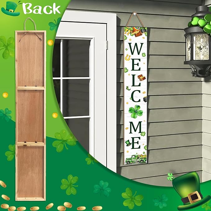 St. Patrick's Day Porch Sign Saint Patrick Wooden Welcome Sign For Front Door Shamrock Clover Home Decoration Vertical Sign For Patio Porch Standing Yard Sign for Indoor Outdoor Garden Wall