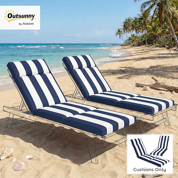 Outsunny Outdoor Chaise Lounge Cushions Set of 2, Chaise Lounge Cushions with 6 Ties, High-Density Foam, 72 x 21.1 x 2.6 Inch Water-Repellent and UV-Resistant for Patio, Poolside, Dark Blue and White