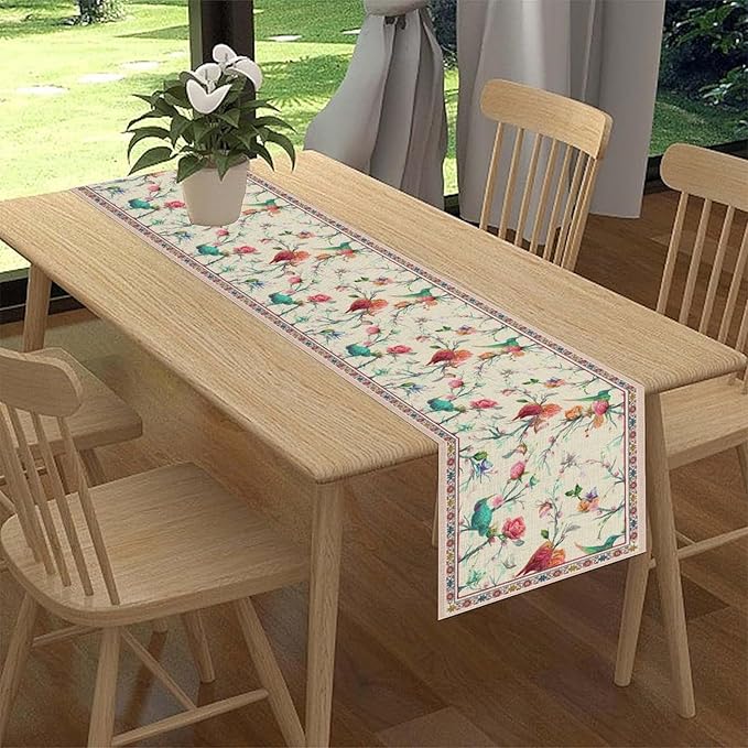 Floral Birds Table Runner, Rustic Watercolor Chinese Flower Blossom Plant Pink Boho Spring Coffee Table Center Decor for Family Kitchen and Dining Farmhouse Party Table Decorations, 13"x72"