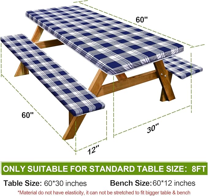 Play Tailor Picnic Table Cover with Bench Covers Camping Essentials Waterproof Windproof Camping Tablecloth with Drawstring Bag, Fitted Rectangle Tables and Seats, 60in, Blue Checkered