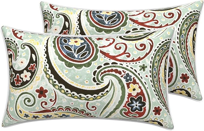 LVTXIII 2 Pack Outdoor Lumbar Pillow Covers 12x20 Inch with Piping, Water-Repellent Back Cushion Covers ONLY for Patio Furniture, Sofa, Garden Bench, Paisley Light Cyan