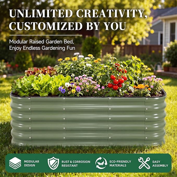 3 Pcs Raised Garden Beds Outdoor, 17" Tall 3-in-1 Modular 4x2ft Galvanized Metal Planter Box with Bracing Rods and Gloves for Vegetables Flowers Herbs, Olive Green
