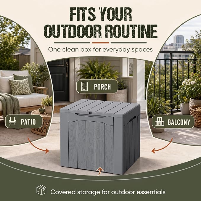 Flamaker Deck Box 30 Gallon, Waterproof Resin Small Storage Box with Lid, Outdoor Patio Furniture Cushion Garden Tool Organizer, Lockable Package Delivery Box for Porch Balcony (Gray)