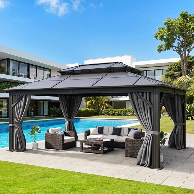 DWVO 12x16FT Outdoor Polycarbonate Gazebo, Double Roof Canopy with Metal Frame, Garden Tent with Netting and Shaded Curtains,Canopy for Patio, Backyard, Deck and Lawns, Gray