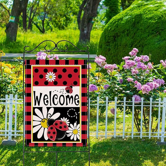 Artofy Welcome Spring Summer Ladybug Daisy Flower Large Decorative House Flag, Red Black Polka Dots Yard Garden Outside Decor, Seasonal Burlap Outdoor Home Decoration Double Sided 28 x 40