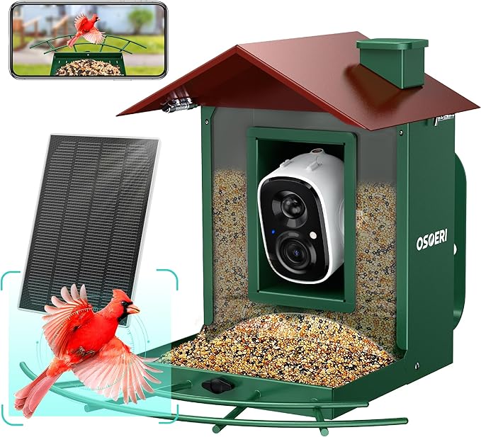 Osoeri Bird Feeder with Camera, Camera Bird Feeder for Outside, Solar-Powered, Smart AI Identify Birds, Auto Capture Video & Instant Arrival Alert, Ideal Gift for Family and Birdlover