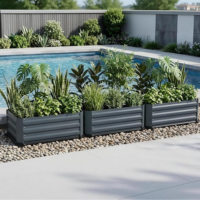 2 Pcs Galvanized Raised Garden Bed with Bottom, Indoor Metal Raised Garden Beds, Easy Assembly No leaks & Rust-Proof Flower Bed, Outdoor Planter Box for Vegetables, Herbs, Patio, Balcony, Grey