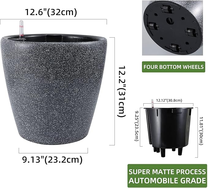 Dexceder 13x12 Self Watering Planter with Wheels (Stone Matte) | Inner Pot Design, Thickened Large Floor Standing Flower Plant Pot with Water Level Indicator Indoor Outdoor