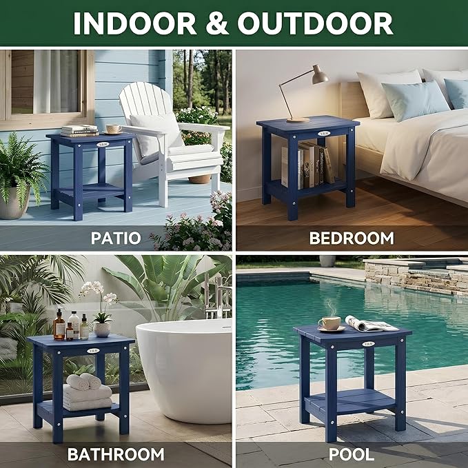 Y&M Outdoor Side Table, HIPS Adirondack Small Double Layer Table, Waterproof Square Outside Table, Balcony End Tables for Patio, Pool, Porch, Deck, Indoor or Outdoor Use, Navy Blue