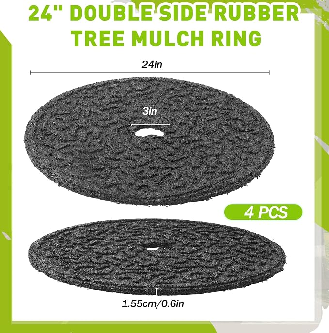 Peryiter 4 Pcs Rubber Mulch Tree Ring, Heavy Duty Rubber Mulch Mat, Tree Protector Weed Barrier Mats, Round Root Barrier for Root Protection Weed Grass Control (24 Inches)