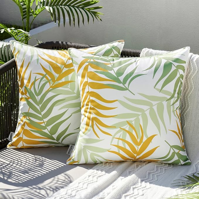 MIULEE Pack of 2 Decorative Outdoor Waterproof Throw Pillow Covers Patio Pillow Cases Natural Leaves Pattern Spring Square Cushion Shams Shell for Garden Balcony Couch 16x16 Inch, Green&Yellow