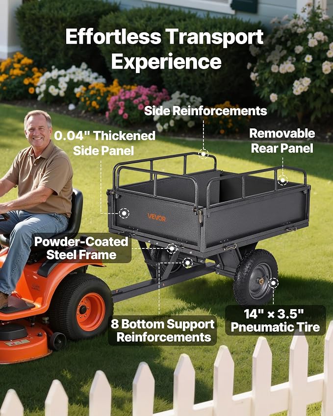 VEVOR 10 Cu.Ft. & 500lbs ATV Trailer Dump Cart Tow Behind, Heavy Duty Utility UTV Trailer, Tow Behind Steel Yard Dump Wagon Cart with 14" Tires for Lawn Mower Tractor