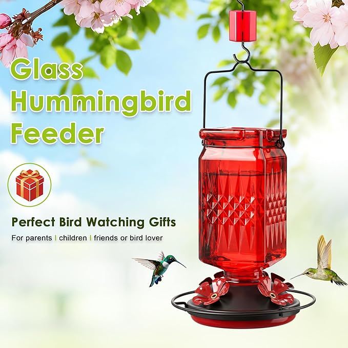 20oz Glass Hummingbird Feeder for Outdoors Hanging, Bird Nectar Feeder with 4 Bee Guard Flower-Shaped Feeding Ports & Built-in Ant Moat, for Bird Lover, Red (1 Pack)