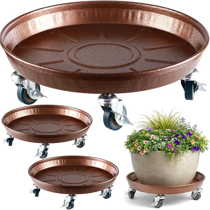 3 Packs Metal Plant Caddy with Wheels 13" Rolling Plant Stand Heavy Duty Plant Dolly with Casters for Indoor and Outdoor Large Planter Casters Potted Plant Mover,Copper