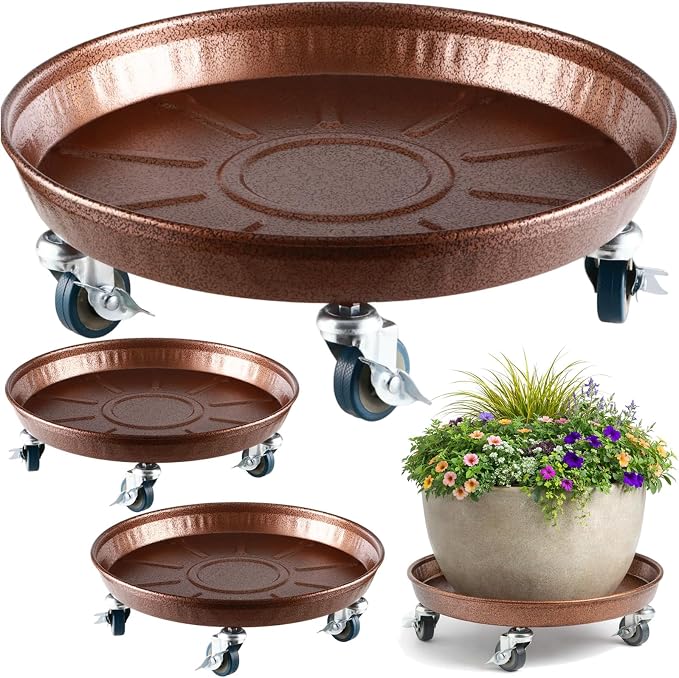 Planterhoma 3 Packs 18" Metal Plant Caddy with Wheels Extra-large Rolling Plant Stand Heavy-duty Plant Dolly with Casters Indoor Outdoor Wheeled Flower Pot Mover Rollers Garden Cart Trolley, Copper