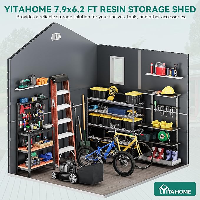 YITAHOME 8x6.2FT Outdoor Storage Shed w/o Floor, All-Weather Plastic Shed with Lockable Doors, Window & Vents, Plastic Tool Shed for Backyard, Patio, Poolside, Lawn, Gray