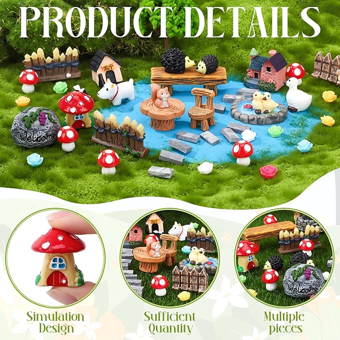45 Pcs Fairy Garden Accessories Miniatures Garden Kit with Animals, Mushroom House & Trees Miniature Accessories for Terrarium, Dollhouse & Outdoor Decor