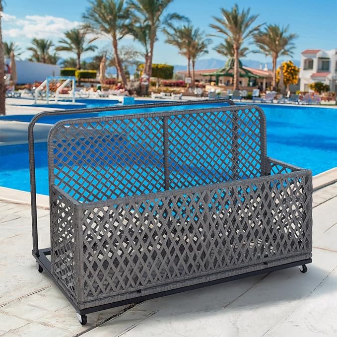 Garvee Pool Float Storage Organizer with Wheels, Outdoor Wicker Pool Storage Bin for Floats & Toys, Rolling Poolside Storage Rack for Patio Backyard Deck Box