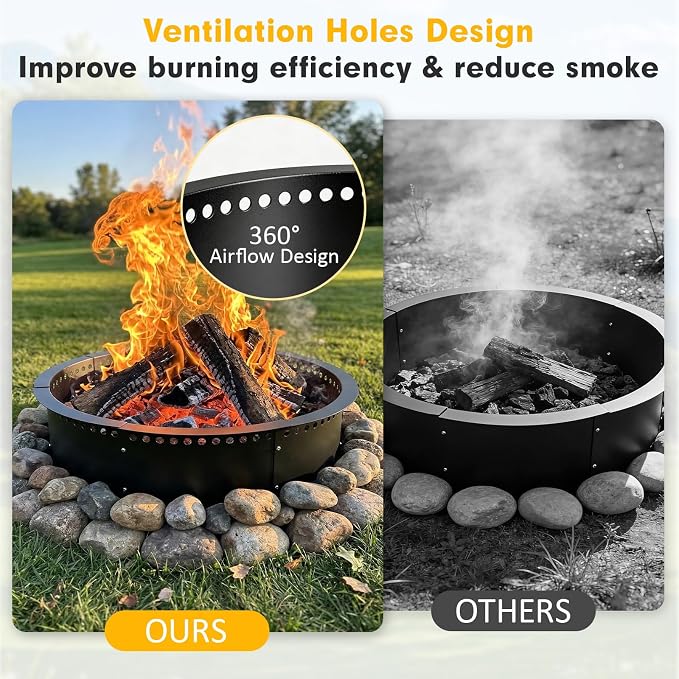 Smokeless Fire Pit Ring, 52 inch Outer/48 inch Inner Outside Fire Pit, Heavy Duty Large Solid Metal Steel Round Firepit Rim Insert for Outside Wood Burning, DIY Campfire Ring