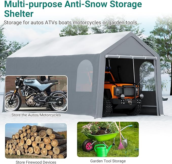 13'x20' Heavy Duty Grey PE+Steel Carport Canopy, Waterproof Outdoor Storage Shelter for Bike & Firewood