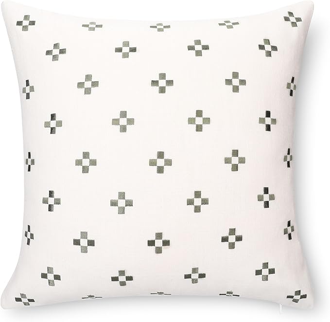 Crumbs Home Modern Farmhouse California Casual Indoor Outdoor Throw Pillow Cover, 20"x20" Water Repellent for Patio, Backyard, Couch, Poolside, Neutral Green Embroidered Small Squares