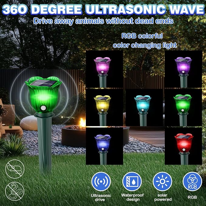 4 Pack Solar Ultrasonic Animal Repellent with RGB Color-Changing Lights, Pest 360° Sonic Deterrent for Outdoor Lawn & Garden, Solar Powered Mole, Snake & Gopher Repellent Stakes (Petal Style)