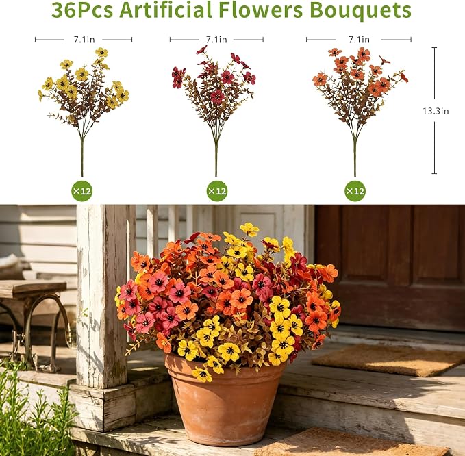 36 Bundles Artificial Fall Flowers for Outdoors, UV Resistant Fake Plants | Faux Silk Daisy Mums with Eucalyptus Stems for Outside Planters, Porch, Patio, Window Box, Garden and Farmhouse Decor