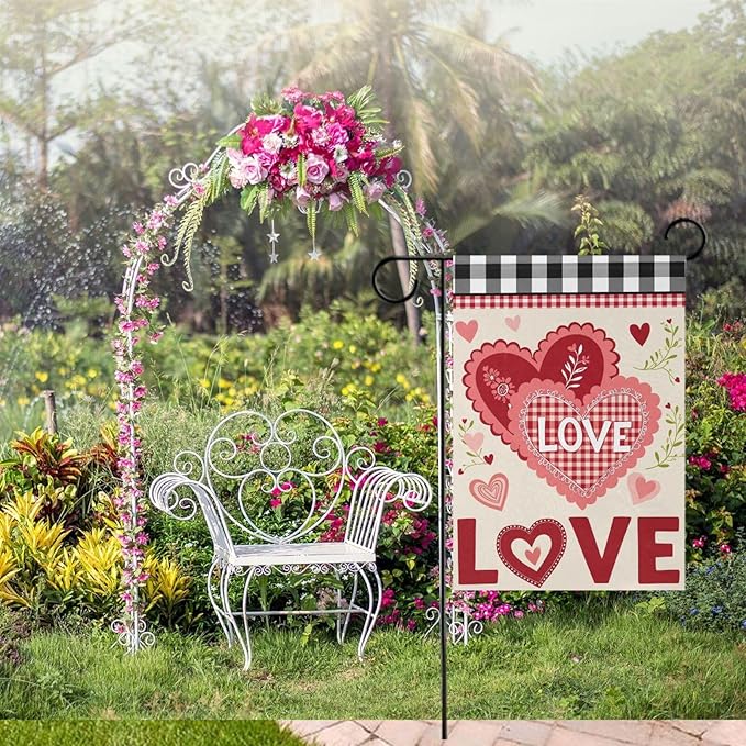 Pfrewn Valentine House Flag 28 x 40 Double Sided, Sweet Love Hearts Plaid Garden Yard Flags Welcome Spring Outdoor Indoor Banner for Wedding Party Home Decorations