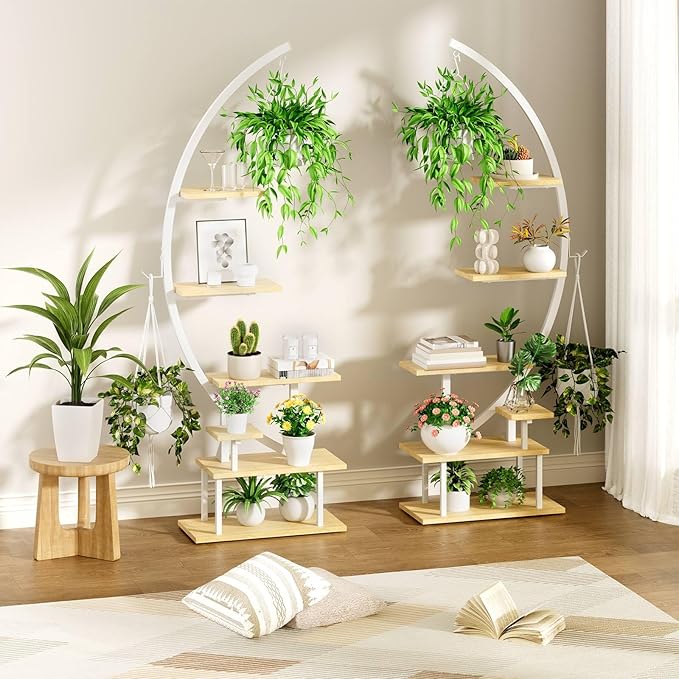 GREENSTELL Plant Stand with Grow Lights, Half Moon 7 Tiered Metal Plant Shelf , Multiple Tier Curved Ladder Flower Pot Stand Display Rack for Indoor Living Room Patio Garden Balcony White (1 Pack)