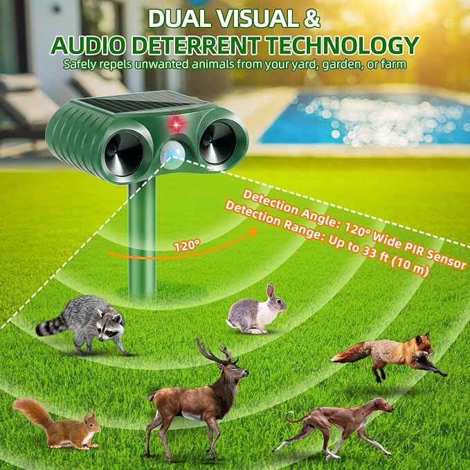 2026 Upgraded Solar Ultrasonic Animal Repellent Sonic Deer Repellent Devices Cat Deterrent Outdoor with Motion Sensor to Keep Raccoon Squirrel Rabbit Dog Away from Yard Lawn Garden 4 Pack