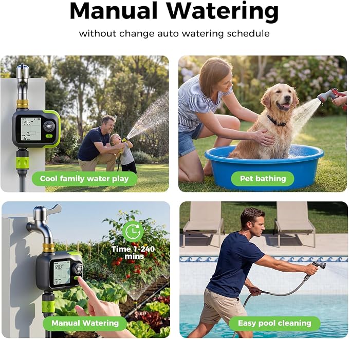 Sprinkler Timer, Watering Timer for Garden Hose, Programmable Hose Faucet Timers w/Rain Delay, Outdoor Soaker Automatic& Manual Drip Irrigation Controller System for Lawn Yard Greenhouse
