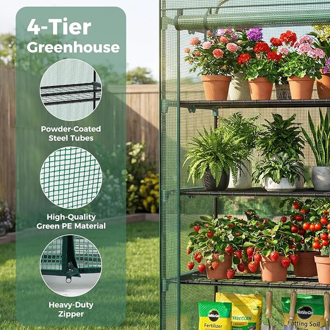 OLIXIS Mini Greenhouse with Durable PE Cover Roll-up Zipper Door, 27"×19"×63" 4 Tier, Small Greenhouse for Outdoors Indoor Balcony, Porch, Garden, Patio, Backyard Green Houses, Green