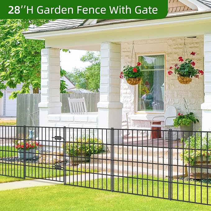 FOREHOGAR Metal Garden Fence 28in (H) x 23.3ft (L), 1 Gate + 9 Panels Dog Fence Border Fences Animal Barrier, No Dig Garden Fencing for Yard Flower Bed Lawn Patio Outdoor, PIN282810G Black