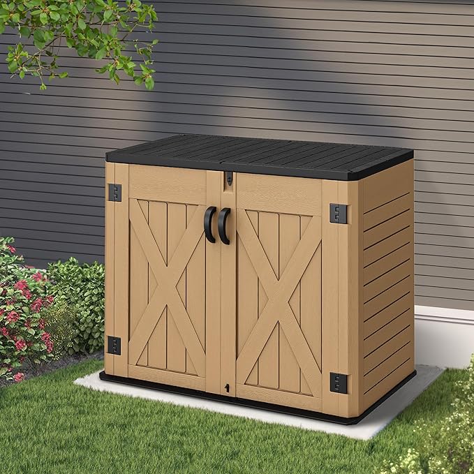 YITAHOME Outdoor Resin Storage Sheds with X-Shaped Lockable Door, 39 in Height Lockable Waterproof Horizontal Shed w/o Shelf, Easy to Assemble Shed Storage for Garden Tools, Brown