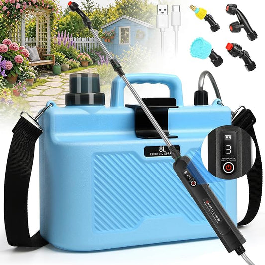 2 Gallon Battery Powered Sprayer, Upgrade Electric Garden Sprayer with 4 Types of Nozzles, 3-Level Adjustable Speeds, Retractable Wand and Adjustable Shoulder Strap for Lawn, Garden and Yard