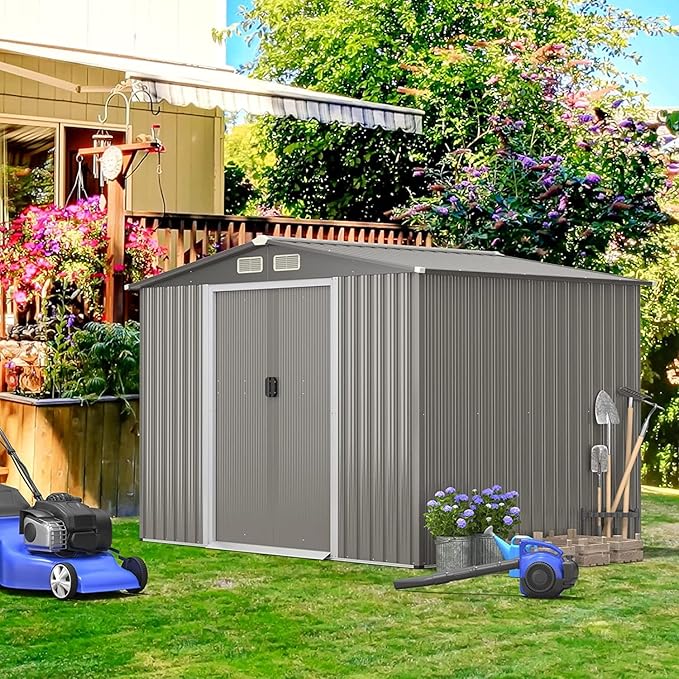 Goplus 8.5' x 6.8' x 6' Outdoor Storage Shed, Weather-Resistant Utility Storage House w/Foundation, 4 Air Vents, Double Doors & Ramp, Galvanized Steel Tool Shed for Garden, Lawn, Patio, Yard